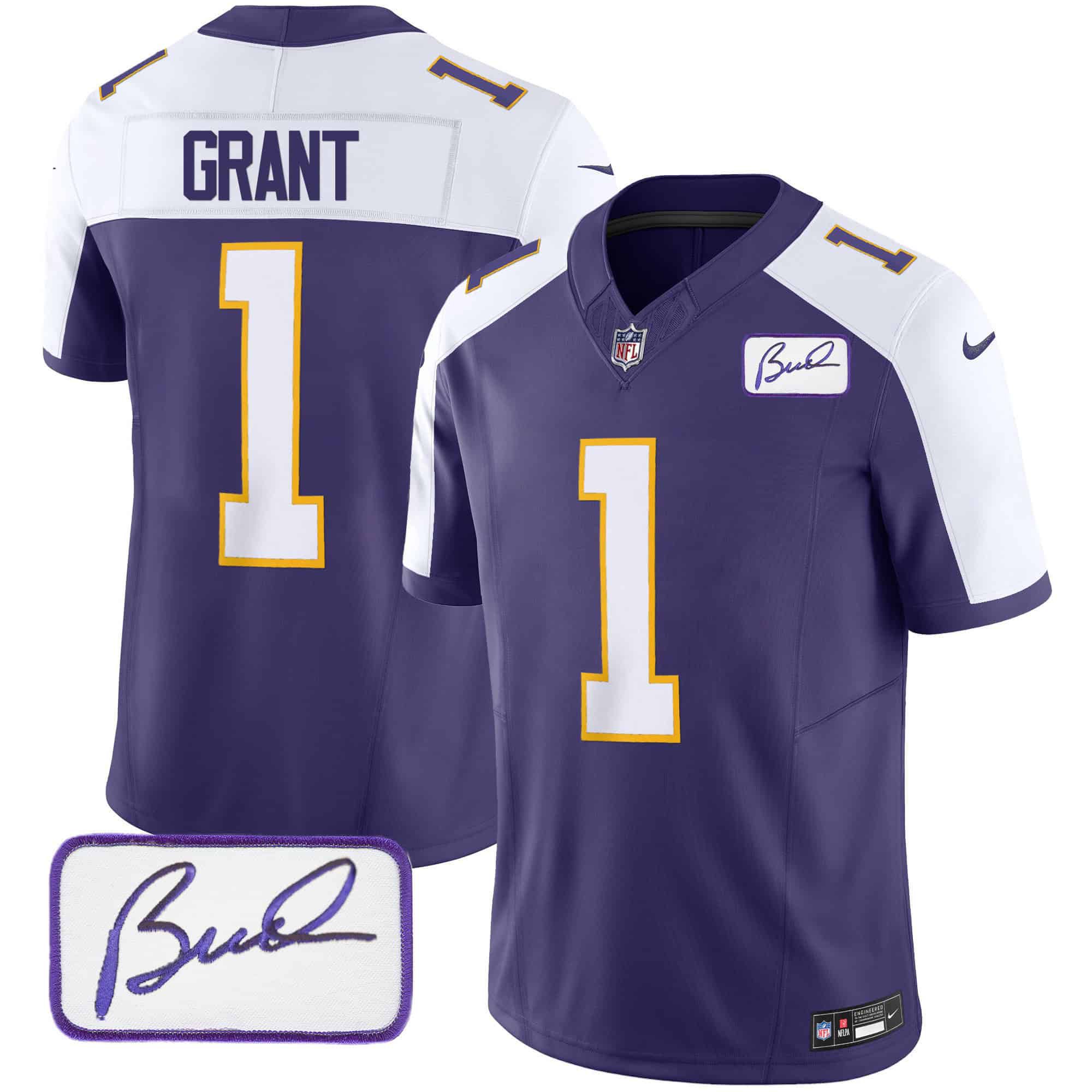 Men Minnesota Vikings #1 Grant Purple 2024 Nike Bud Grant Patch Classic Limited NFL Jersey